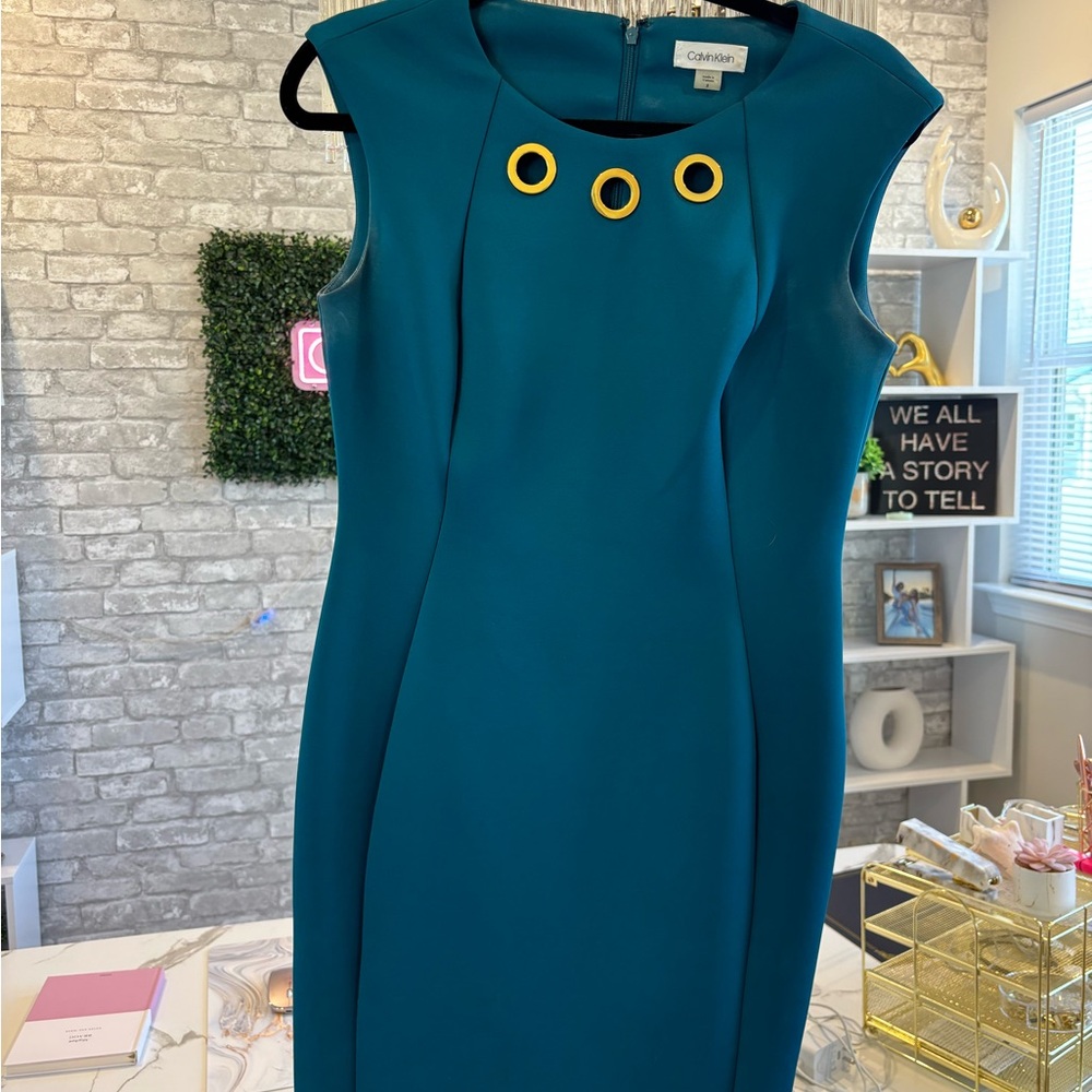 Calvin Klein Blue Sheath Dress with Gold Embellishments